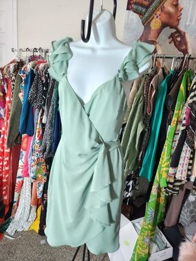 Ruffled Shoulder Wrap Dress in Sage Green